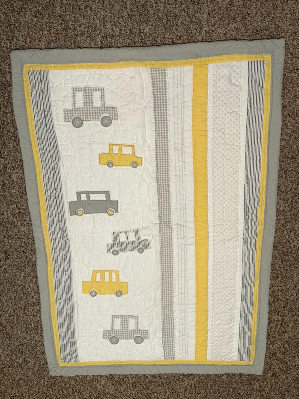 Pottery Barn Kids Gray and Yellow Car Appliqué Baby toddler Quilt blanket